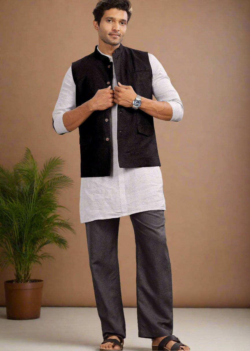 Nehru Pure Linen Jacket | Black