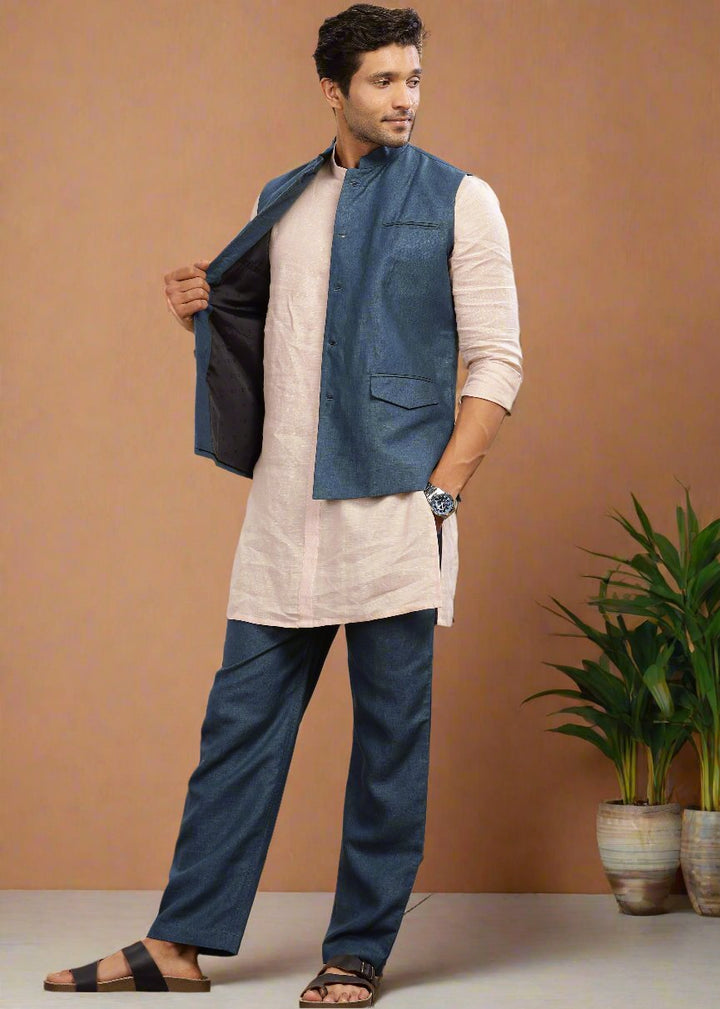 Nehru Pure Linen Jacket | Dark Blue