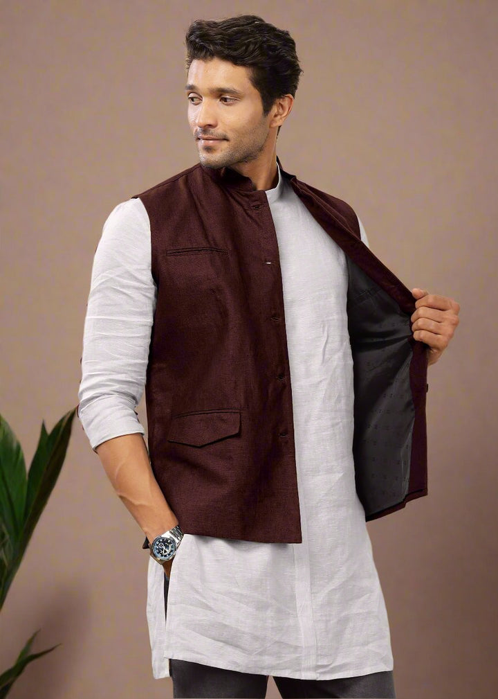 Nehru Pure Linen Jacket |  Maroon