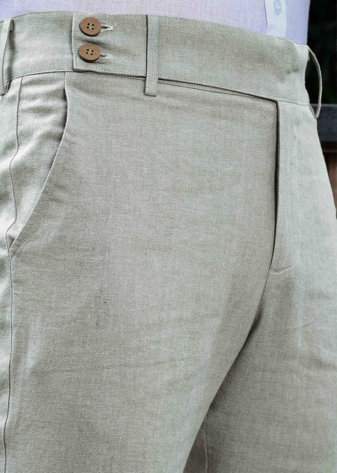Brandon Double Button Broad Pure Linen Trousers - Slow Green