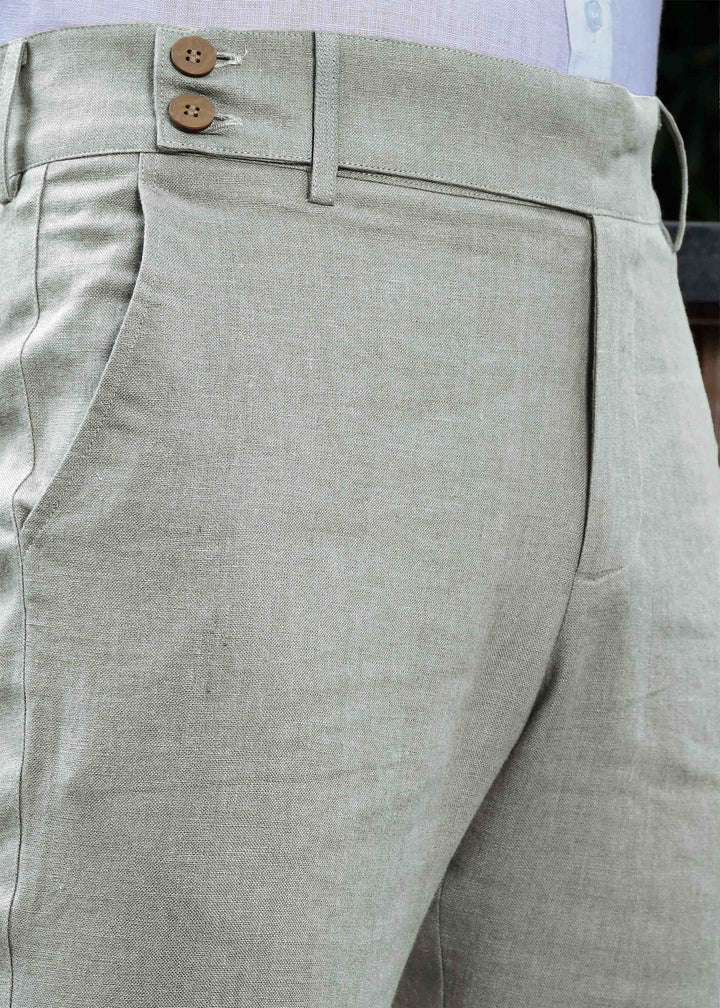 Brandon Double Button Broad Pure Linen Trousers - Slow Green