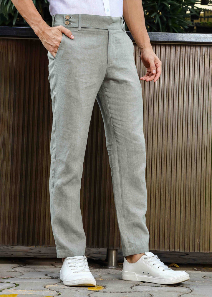 Brandon Double Button Broad Pure Linen Trousers - Slow Green