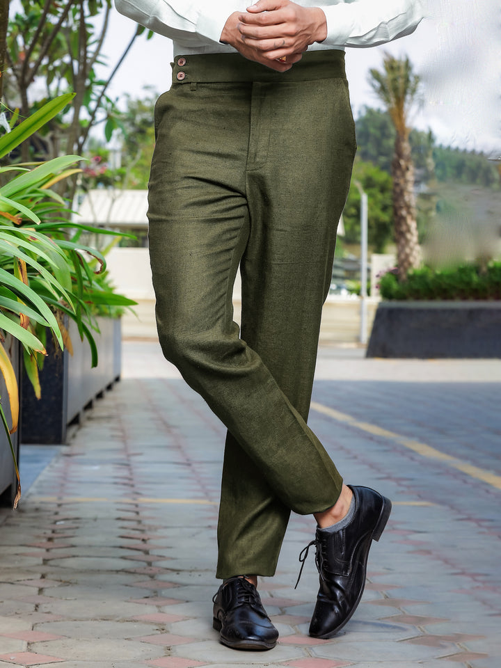 Brandon Double Button Broad Pure Linen Trousers - Military Green