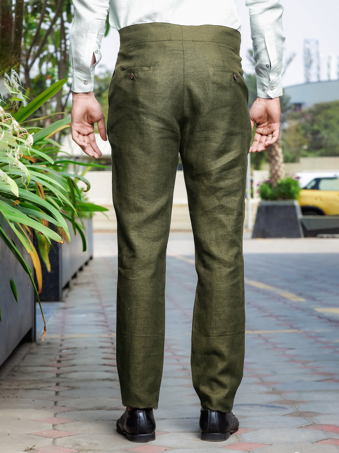 Brandon Double Button Broad Pure Linen Trousers - Military Green