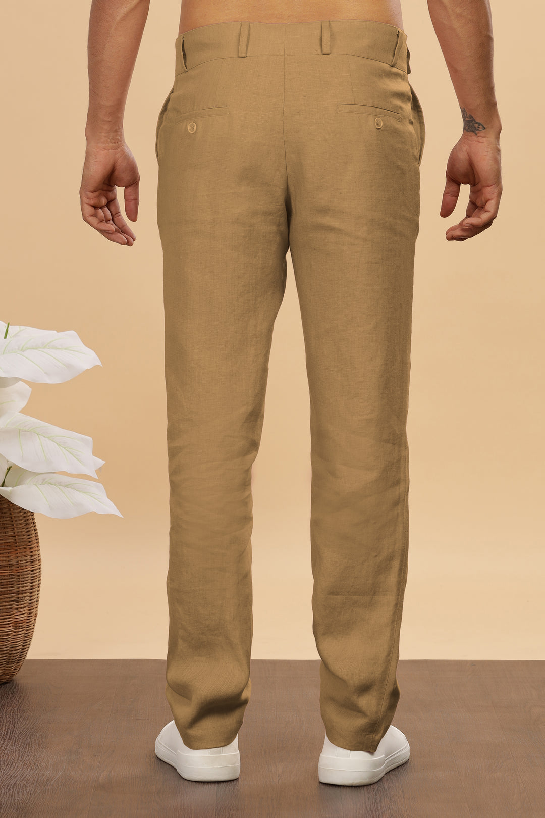 Brandon Double Button Broad Pure Linen Trousers - Light Hazelnut Brown