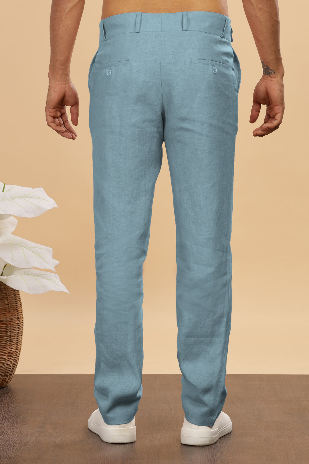 Brandon Double Button Broad Pure Linen Trousers - Light Blue Grey