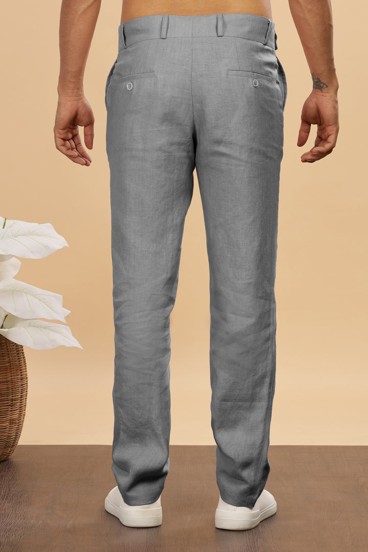 Brandon Double Button Broad Pure Linen Trousers - Ash Grey