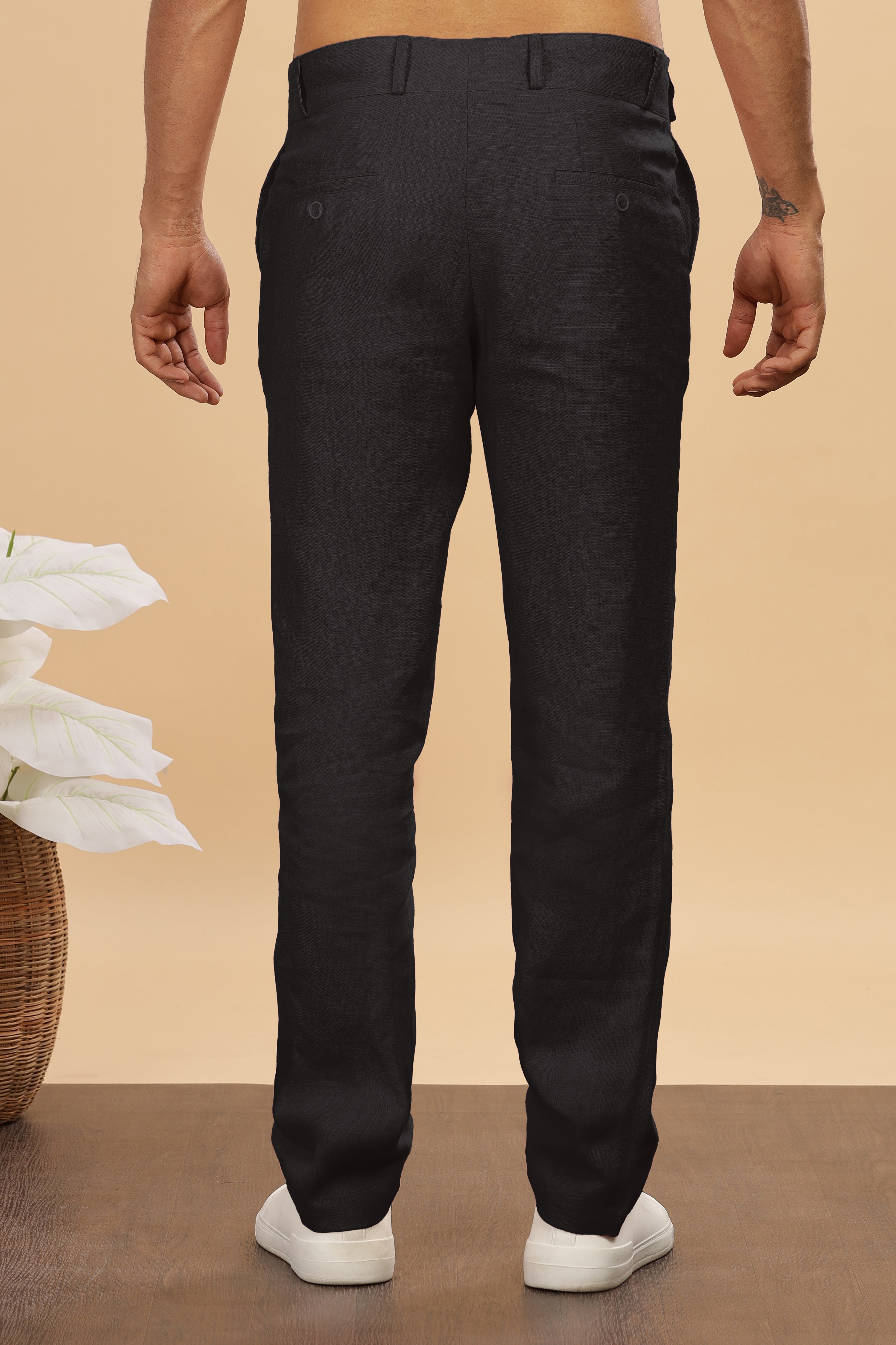 Black Double Button Pure Linen Trousers by Linen Trail