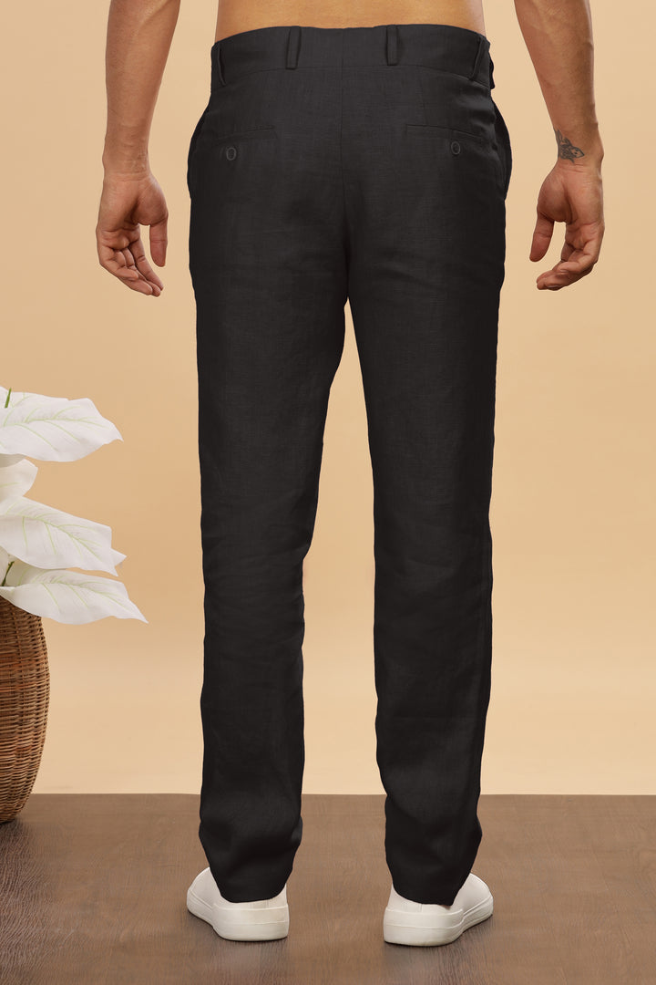 Brandon Double Button Broad Pure Linen Trousers - Black