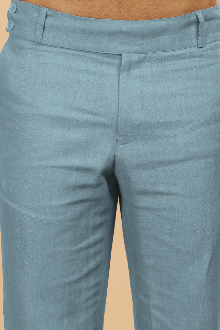 Brandon Double Button Broad Pure Linen Trousers - Light Blue Grey