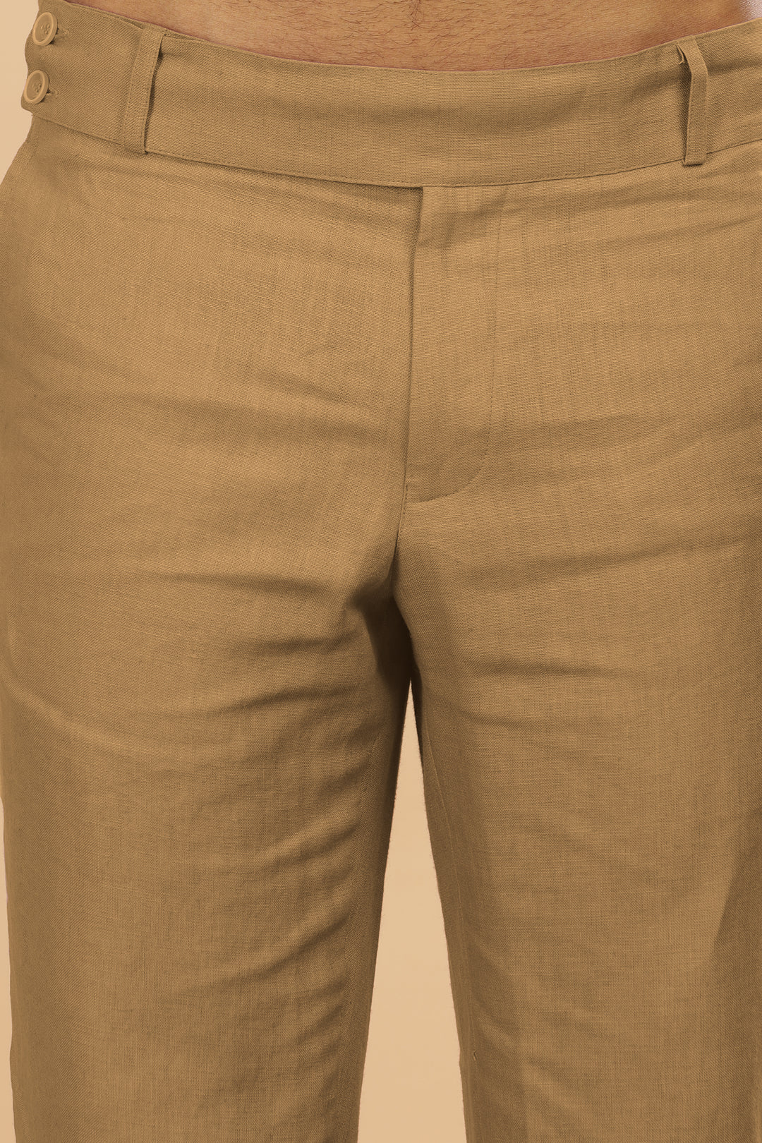 Brandon Double Button Broad Pure Linen Trousers - Light Hazelnut Brown