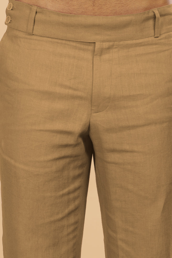 Brandon Double Button Broad Pure Linen Trousers - Light Hazelnut Brown