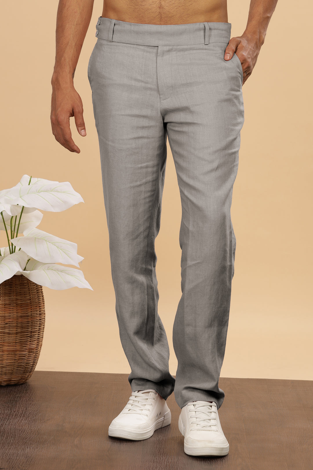 Brandon Double Button Broad Pure Linen Trousers - Steel Grey