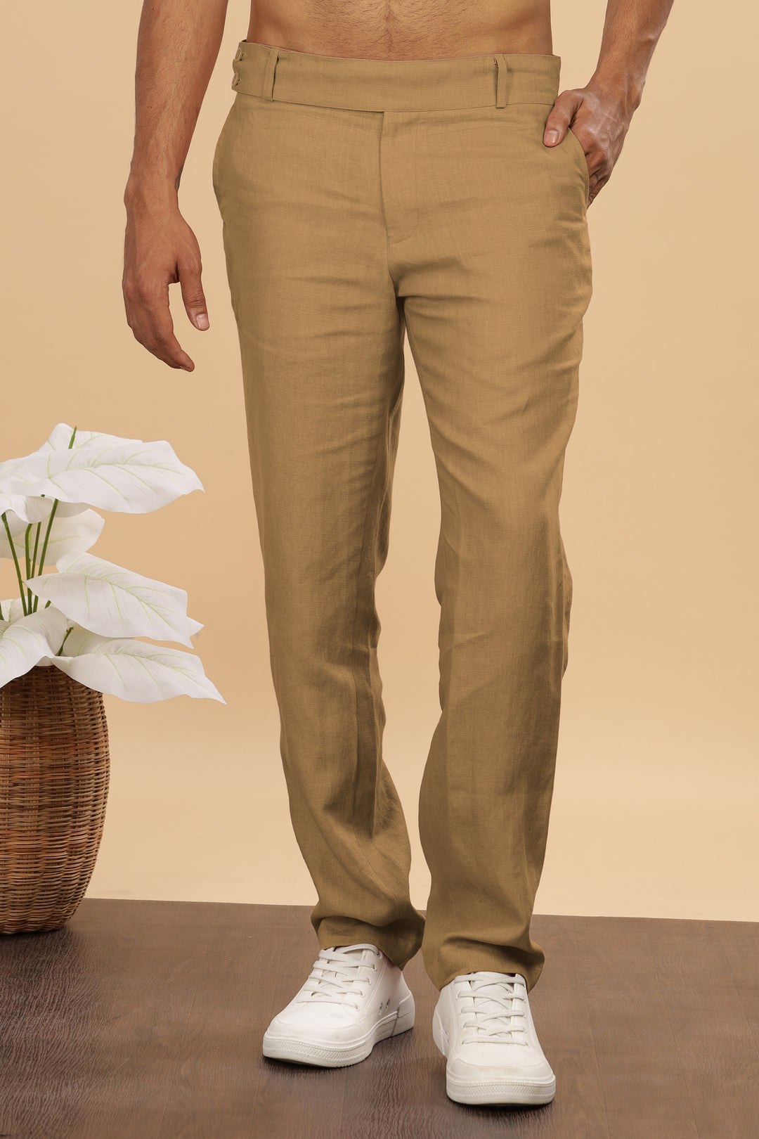 Brandon Double Button Broad Pure Linen Trousers - Light Hazelnut Brown