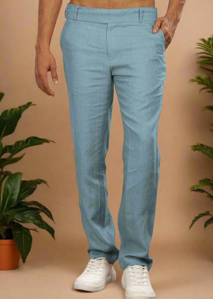 Brandon Double Button Broad Pure Linen Trousers - Light Blue Grey