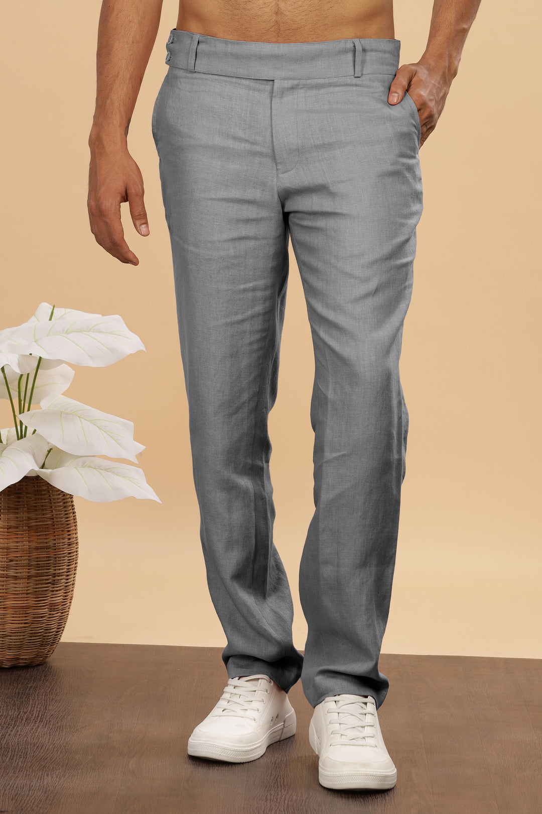 Brandon Double Button Broad Pure Linen Trousers - Ash Grey