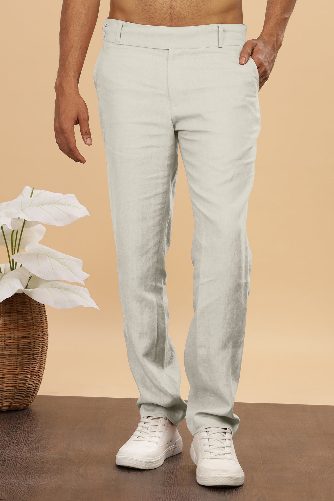 Brandon Double Button Broad Pure Linen Trousers - Powder Blue