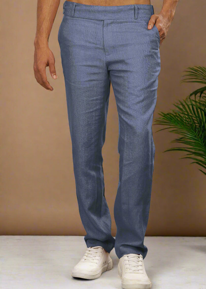 Brandon Double Button Broad Pure Linen Trousers - Dark Blue Grey