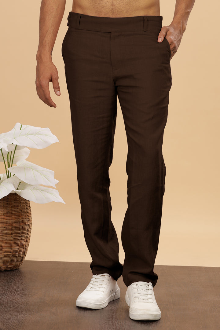 Brandon Double Button Broad Pure Linen Trousers - Cocoa Brown