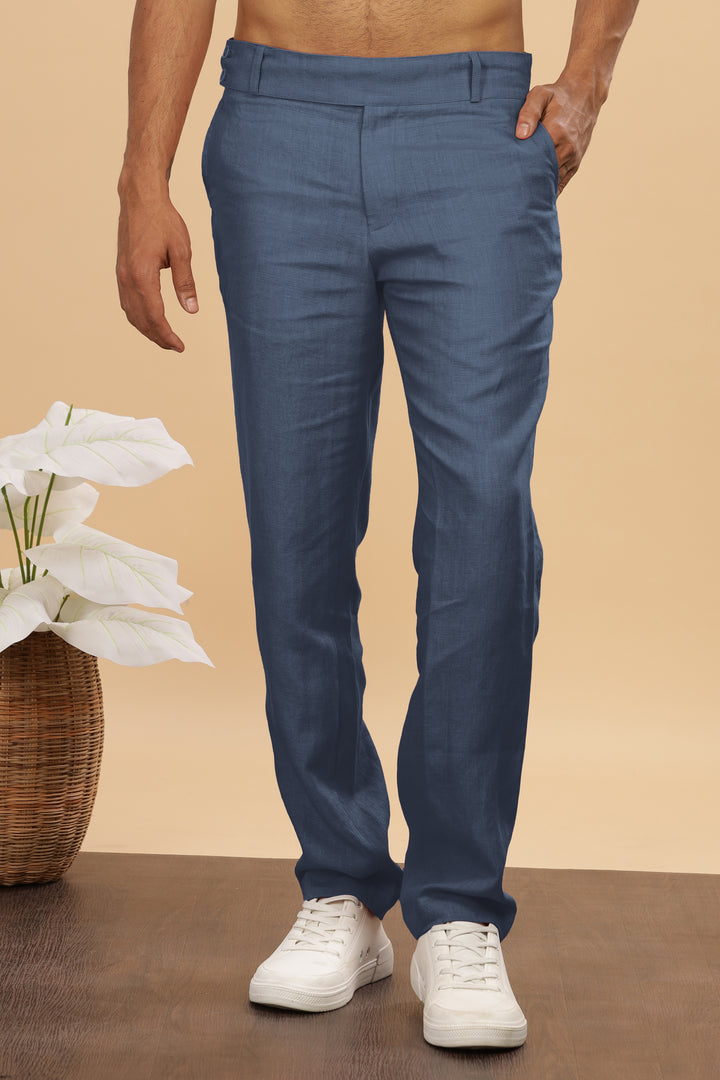 Brandon Double Button Broad Pure Linen Trousers - Deep Sea Blue