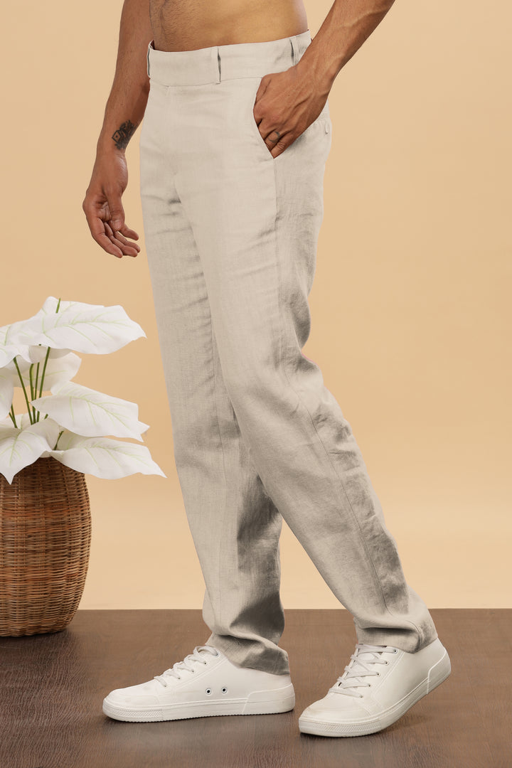 Brandon Double Button Broad Pure Linen Trousers - Ecru