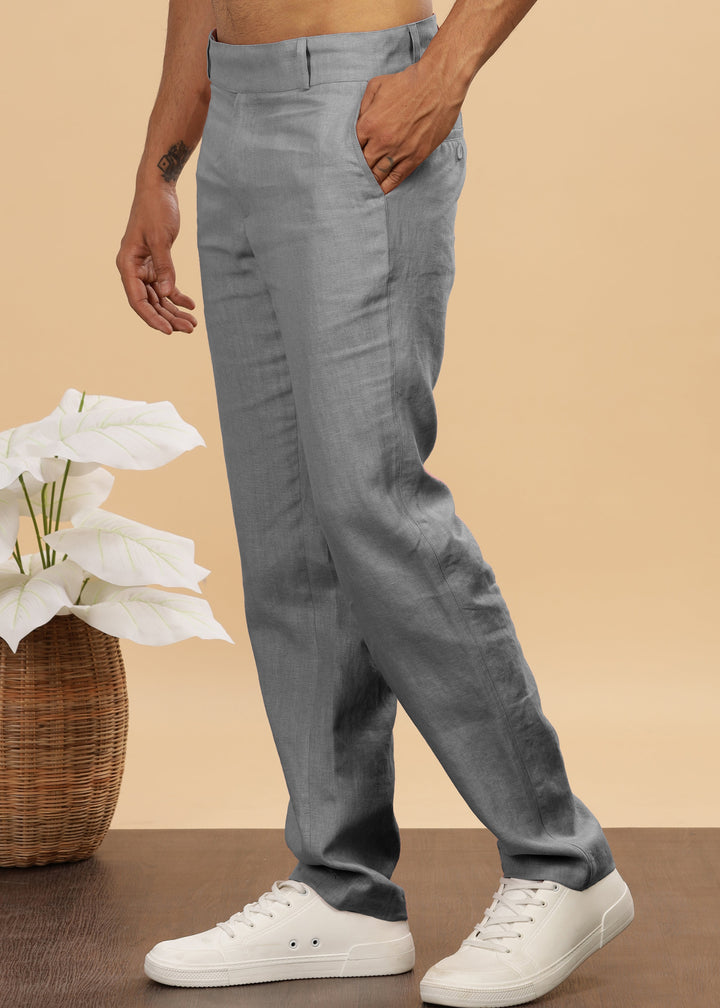 Brandon Double Button Broad Pure Linen Trousers - Ash Grey