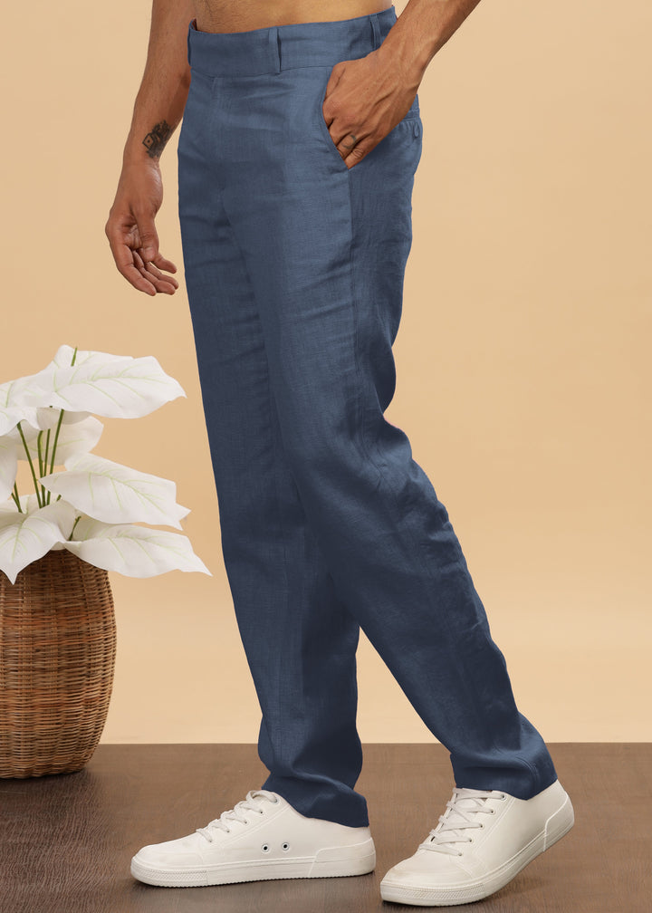 Brandon Double Button Broad Pure Linen Trousers - Deep Sea Blue