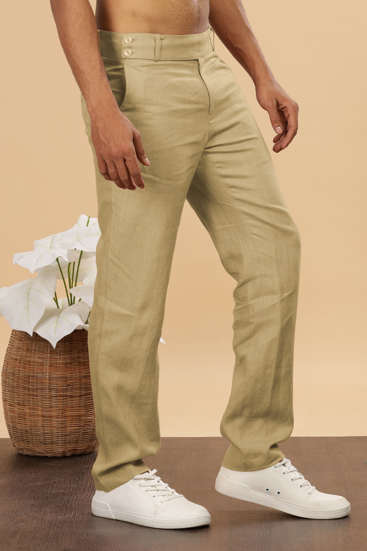 Brandon Double Button Broad Pure Linen Trousers - Sage Green