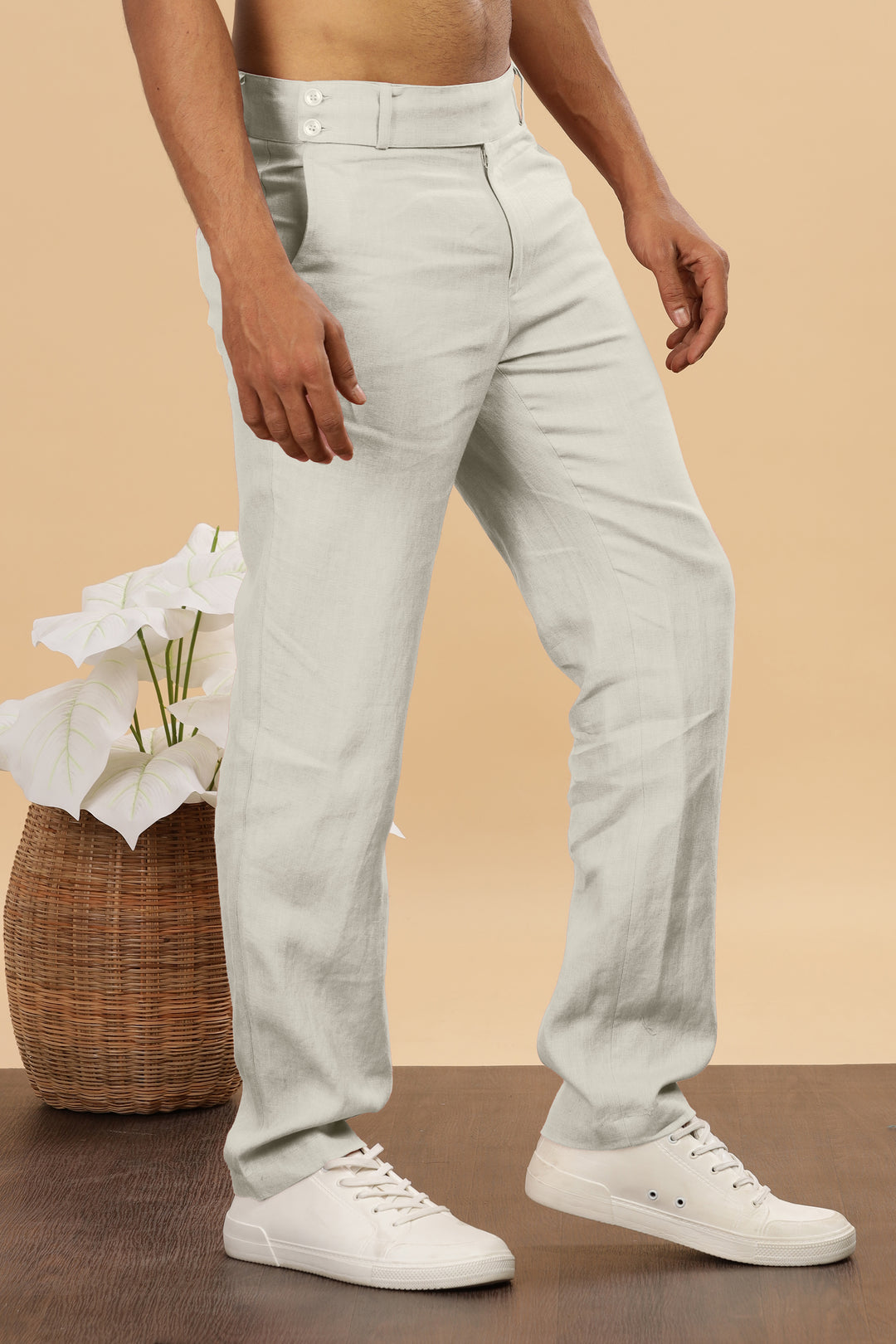 Brandon Double Button Broad Pure Linen Trousers - Powder Blue