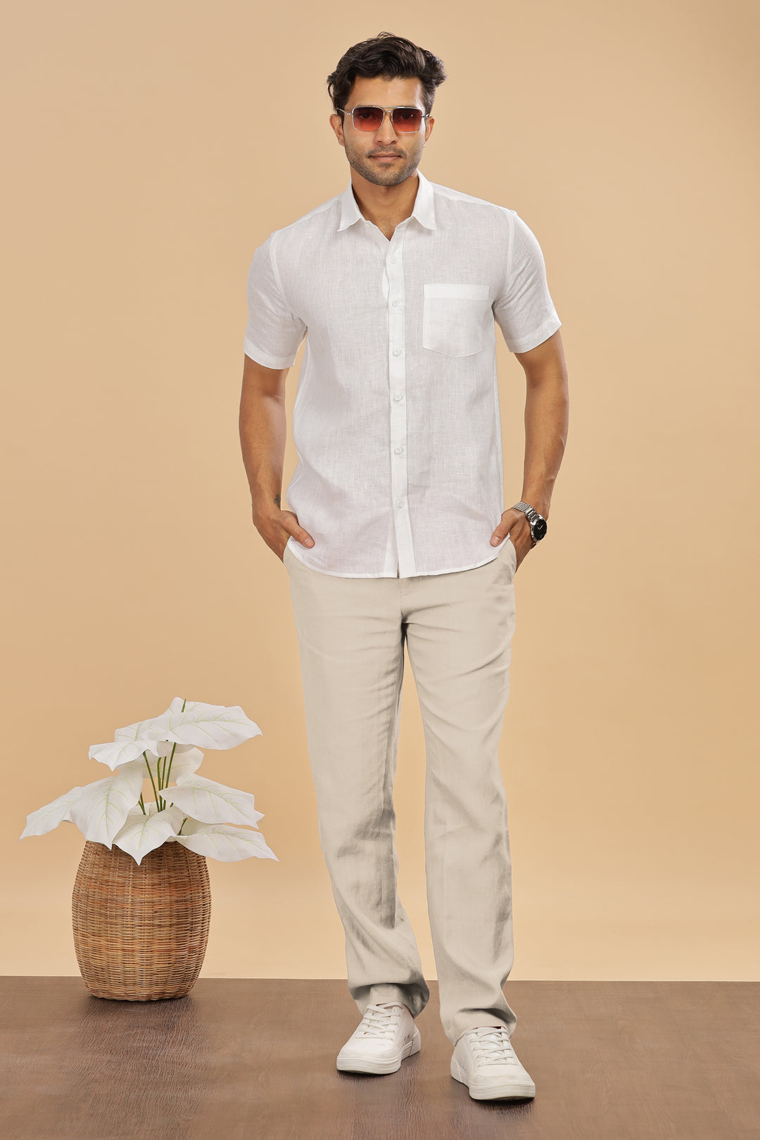 Brandon Double Button Broad Pure Linen Trousers - Ecru