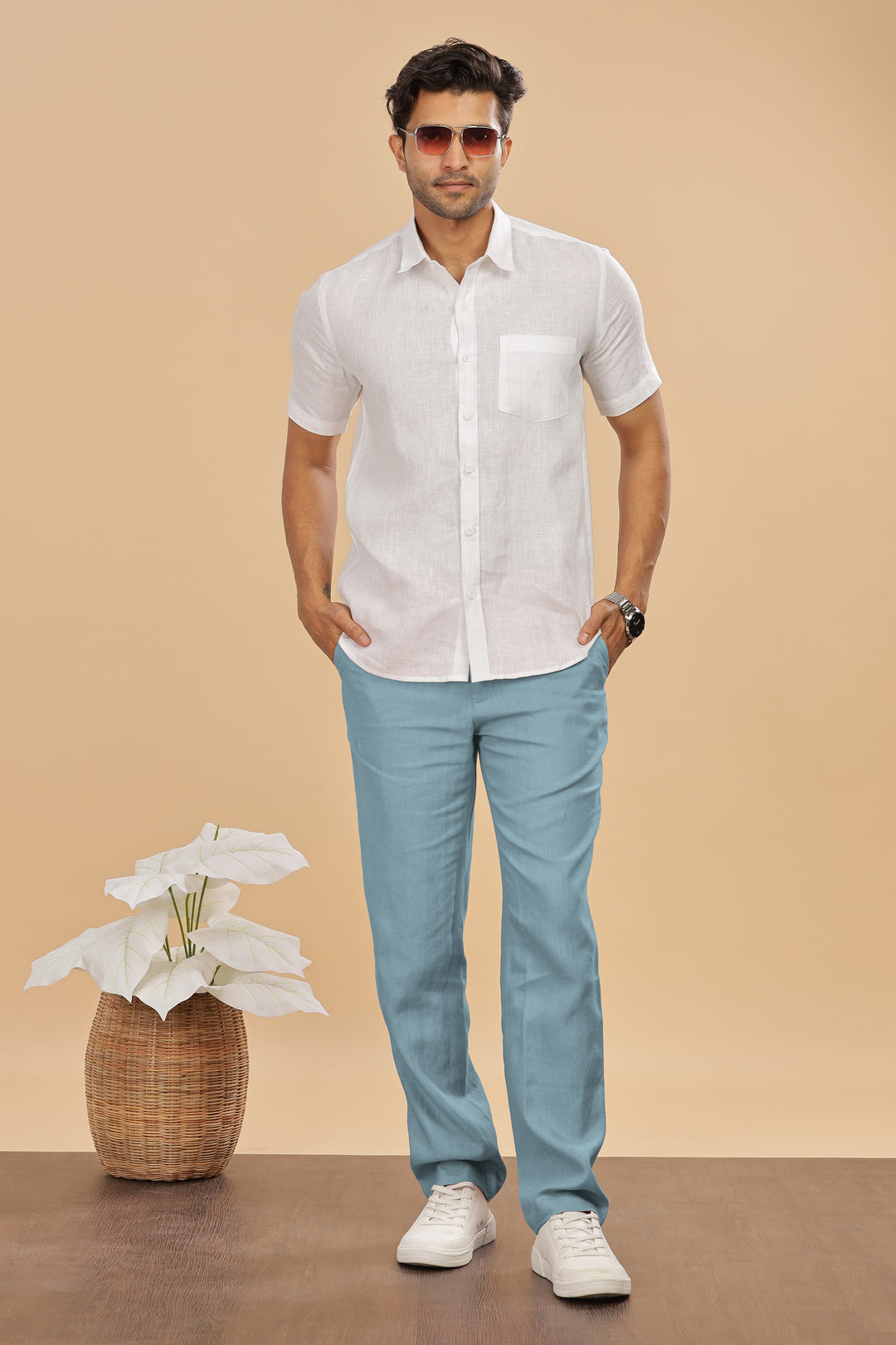 Brandon Double Button Broad Pure Linen Trousers - Light Blue Grey