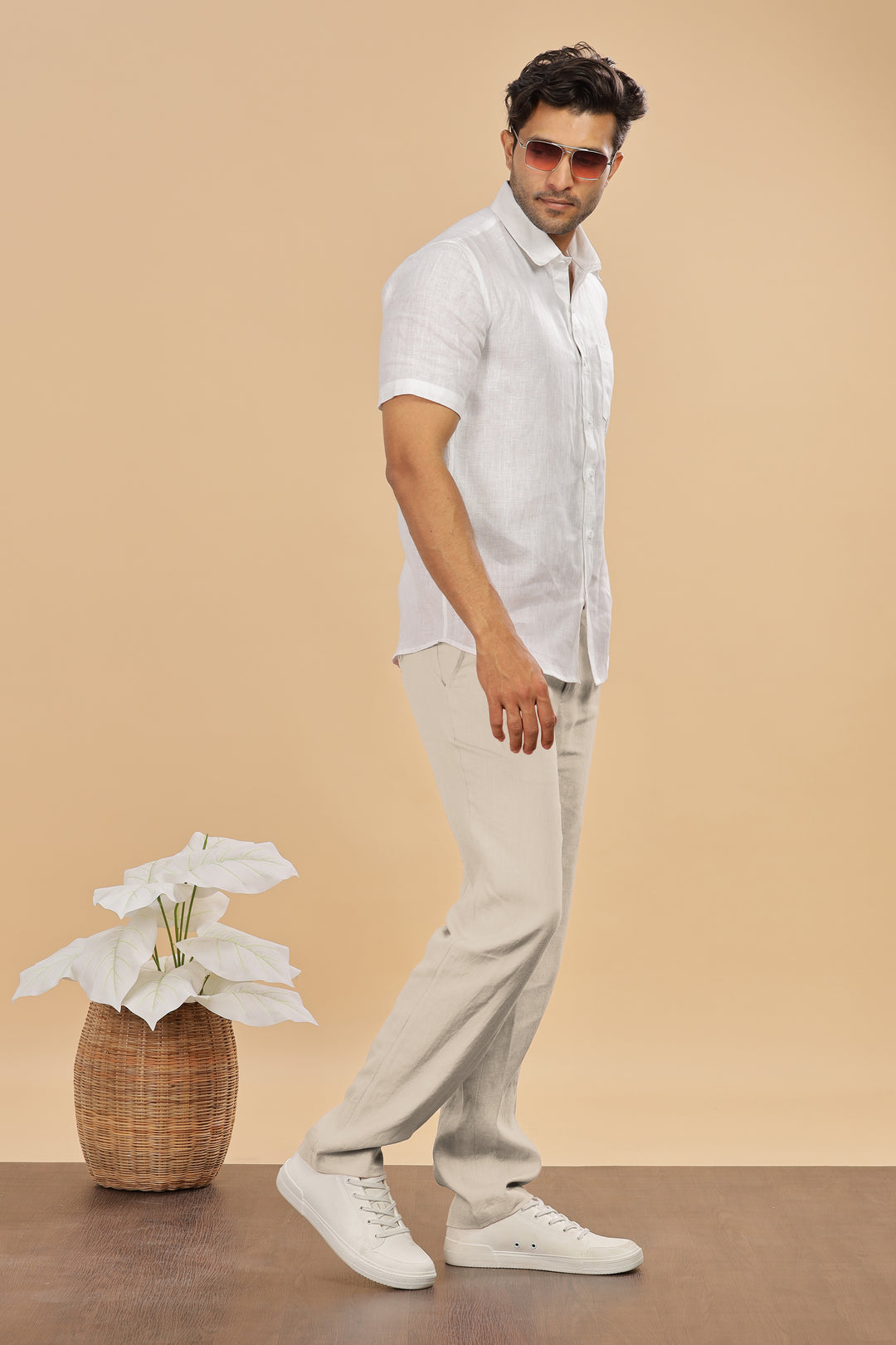 Brandon Double Button Broad Pure Linen Trousers - Ecru