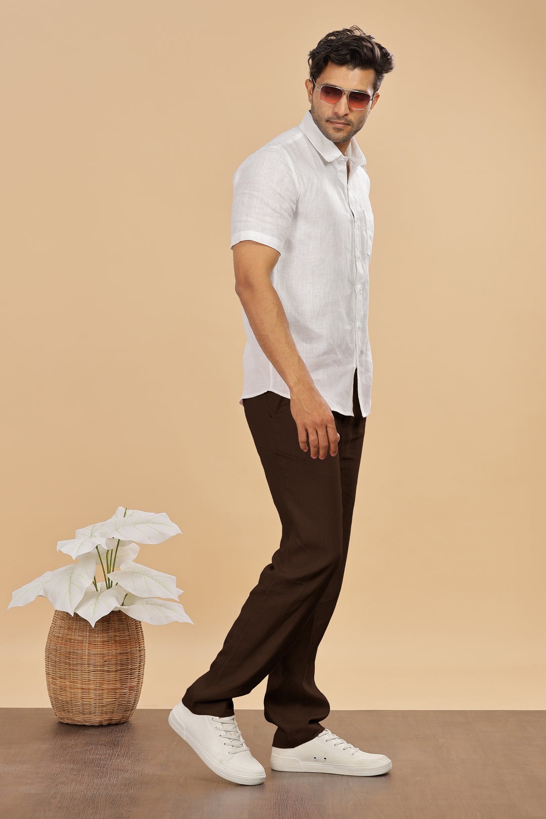 Brandon Double Button Broad Pure Linen Trousers - Cocoa Brown