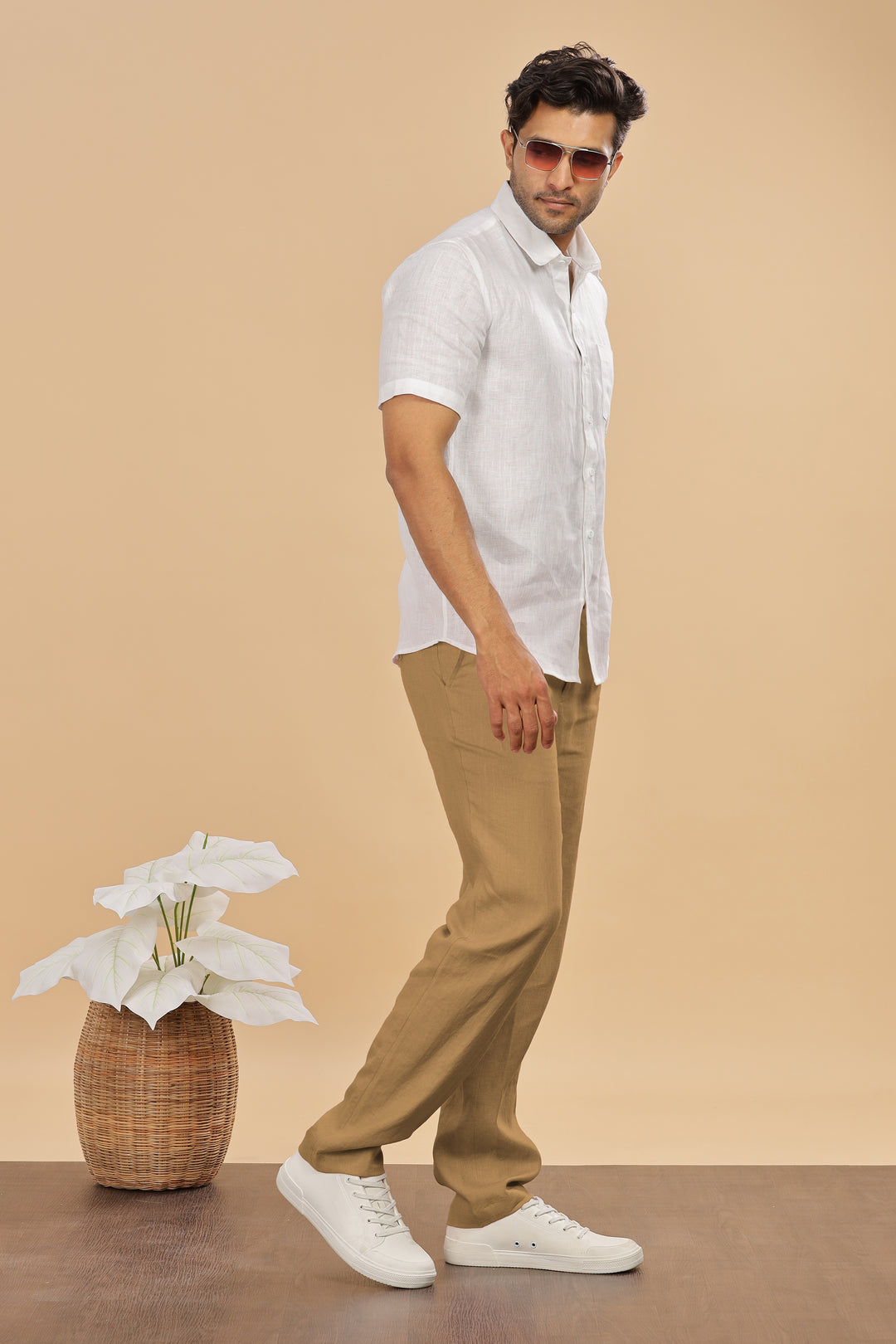 Brandon Double Button Broad Pure Linen Trousers - Light Hazelnut Brown