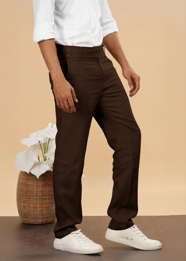 Brandon Double Button Broad Pure Linen Trousers - Cocoa Brown