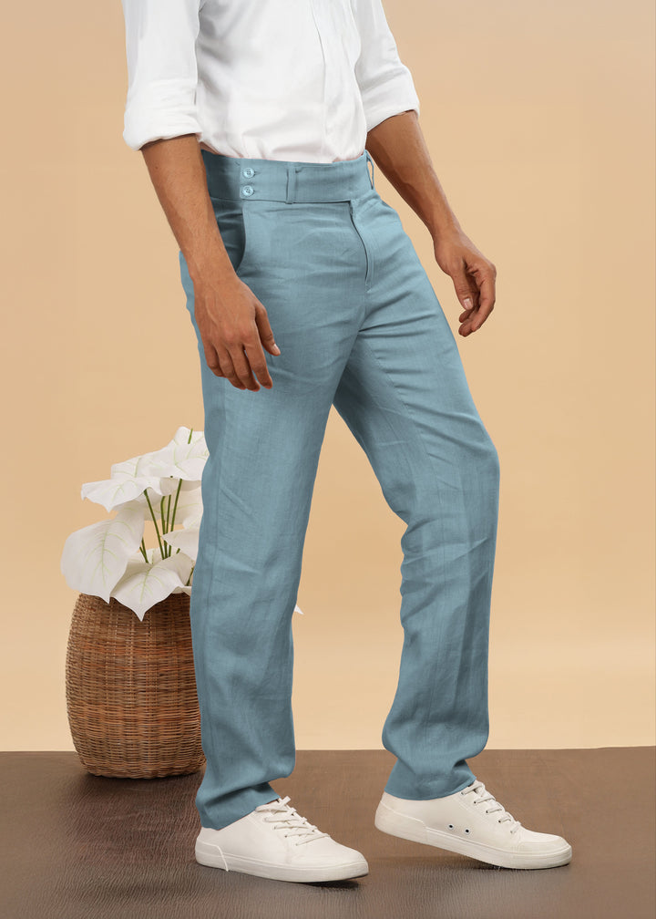 Brandon Double Button Broad Pure Linen Trousers - Light Blue Grey