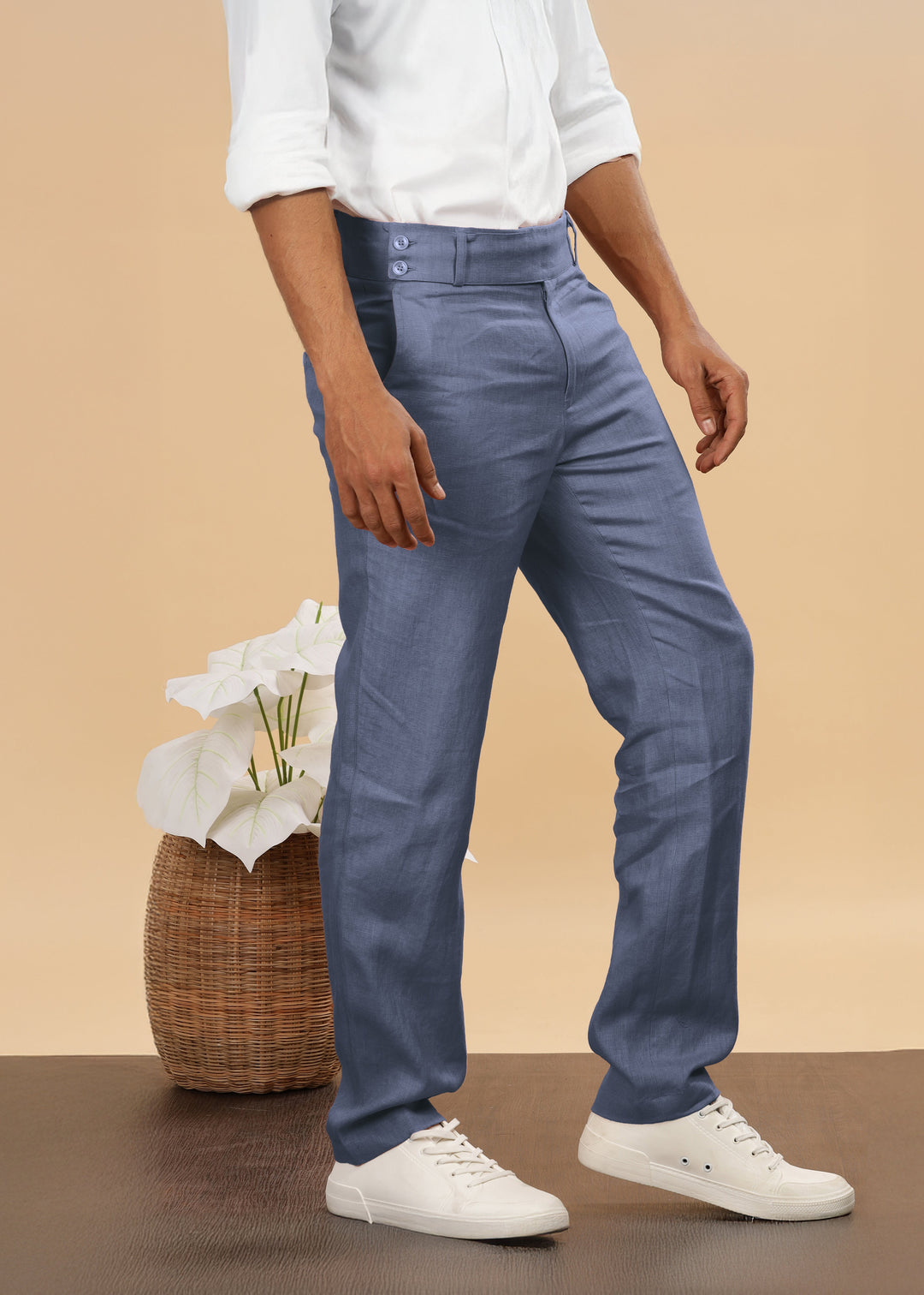 Brandon Double Button Broad Pure Linen Trousers - Dark Blue Grey