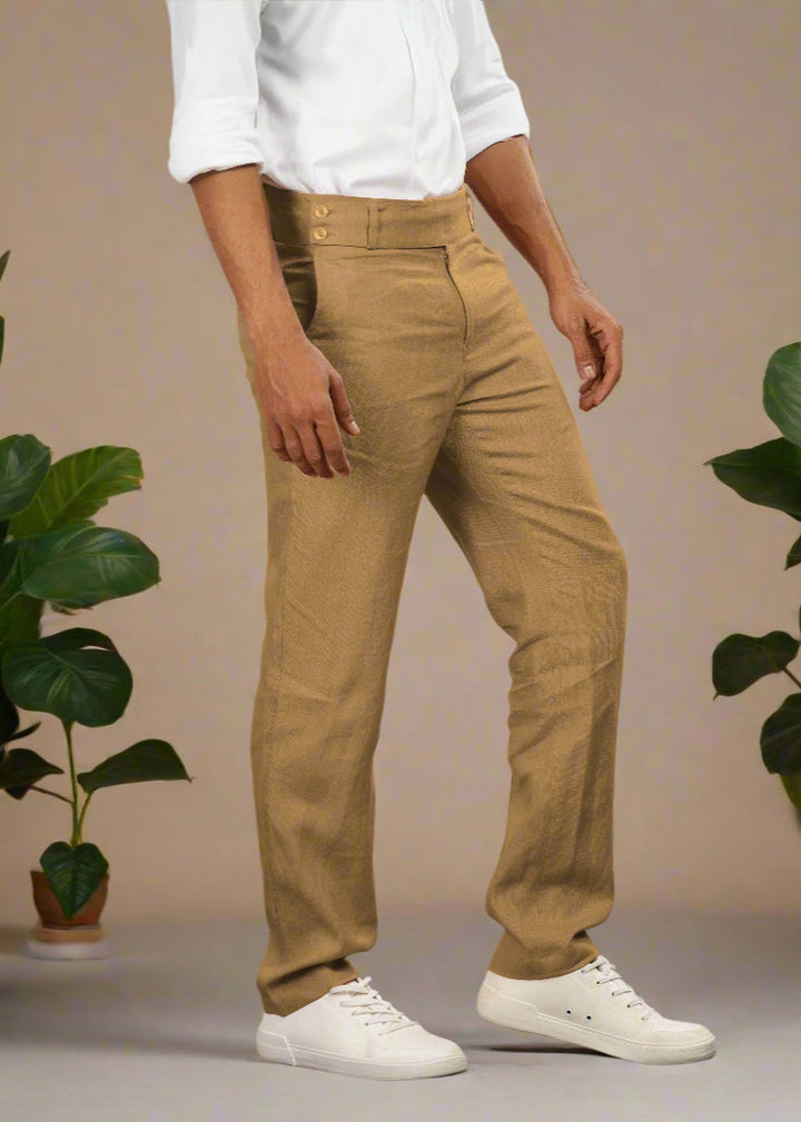 Brandon Double Button Broad Pure Linen Trousers - Light Hazelnut Brown