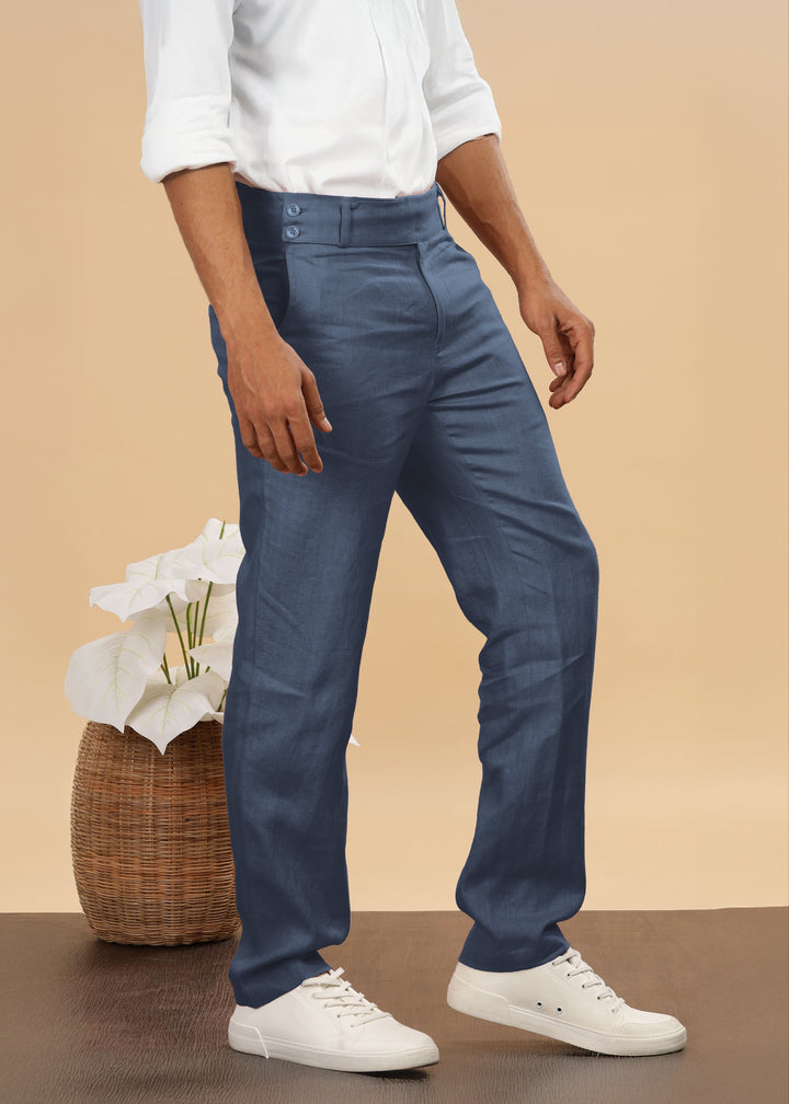 Brandon Double Button Broad Pure Linen Trousers - Deep Sea Blue