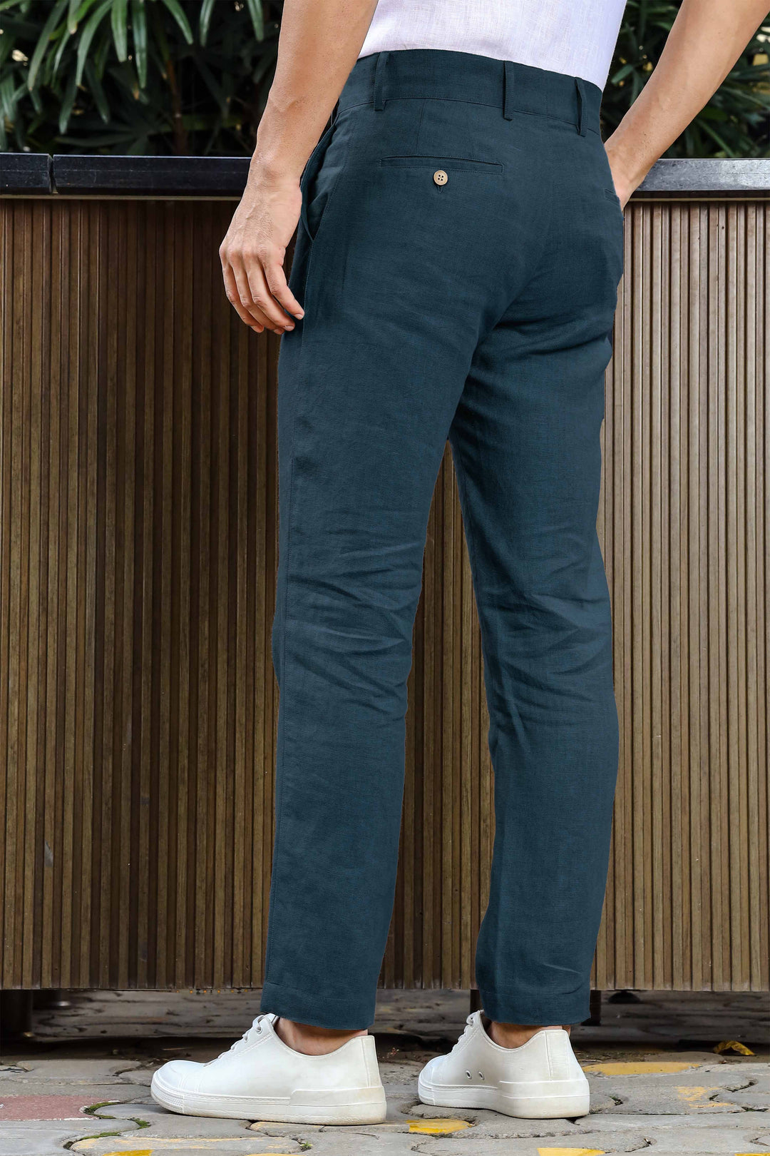 Brandon Double Button Broad Pure Linen Trousers - Deep Sea Blue (Factory Rescue)