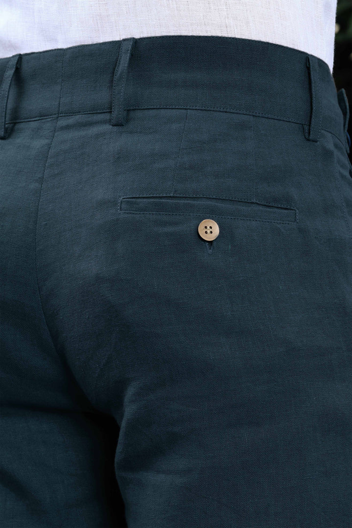 Brandon Double Button Broad Pure Linen Trousers - Deep Sea Blue (Factory Rescue)