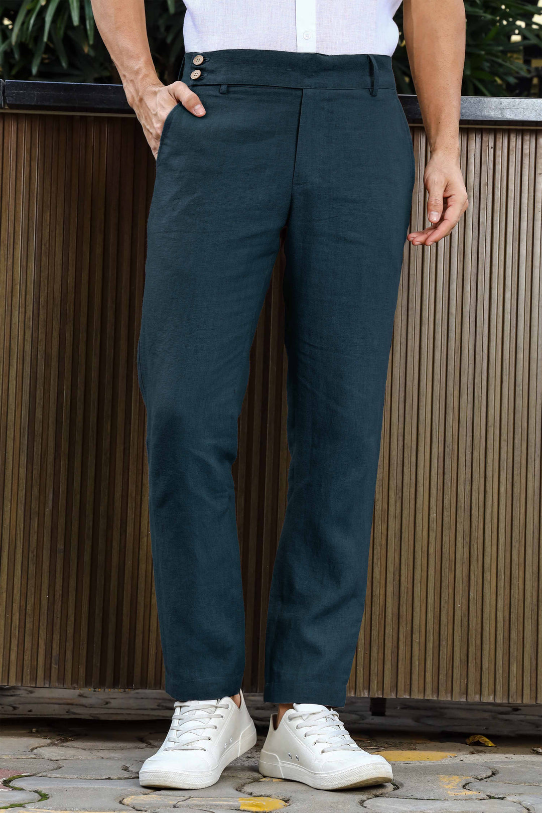 Brandon Double Button Broad Pure Linen Trousers - Deep Sea Blue (Factory Rescue)