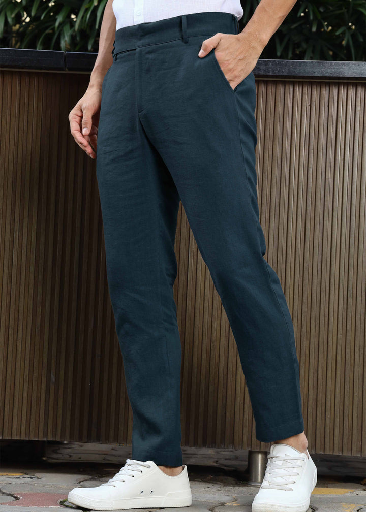 Brandon Double Button Broad Pure Linen Trousers - Deep Sea Blue (Factory Rescue)