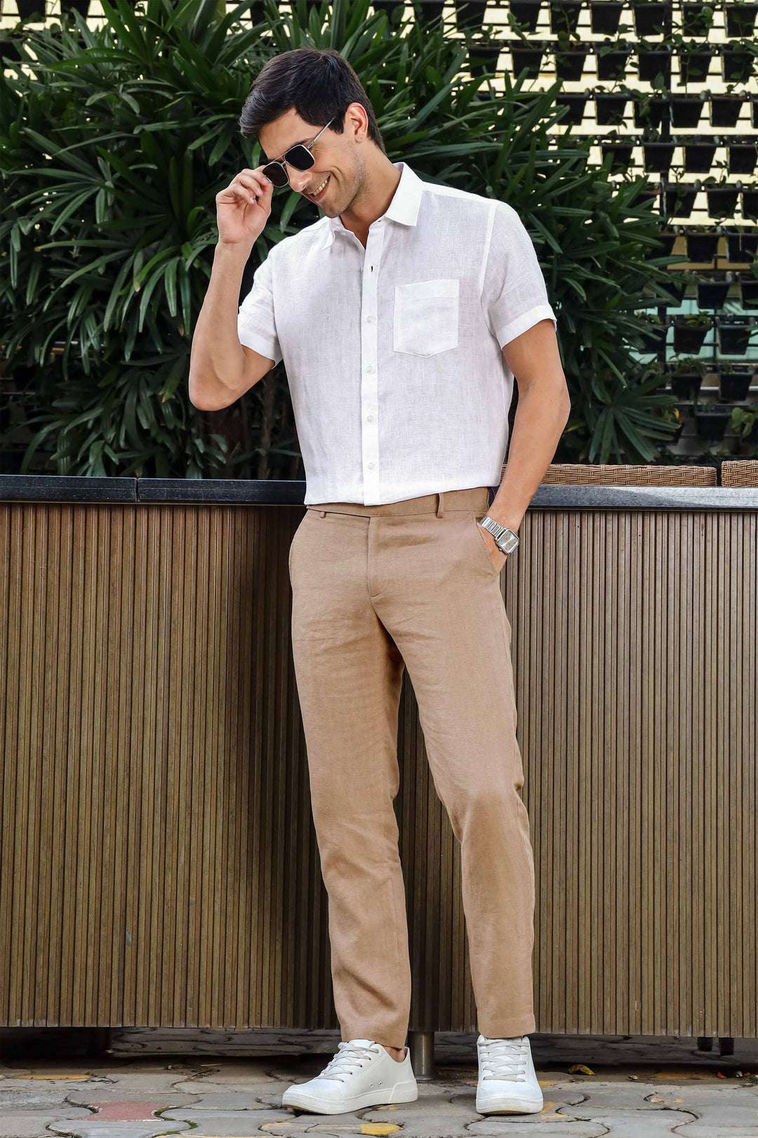 Brandon Double Button Broad Pure Linen Trousers - Light Hazelnut Brown