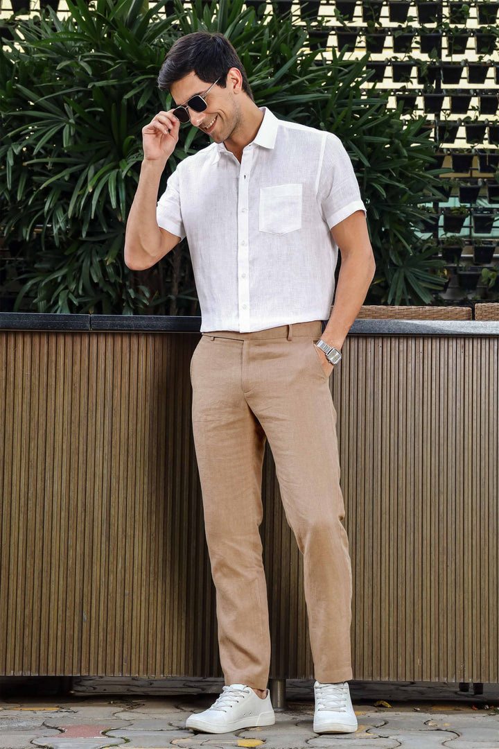 Brandon Double Button Broad Pure Linen Trousers - Light Hazelnut Brown