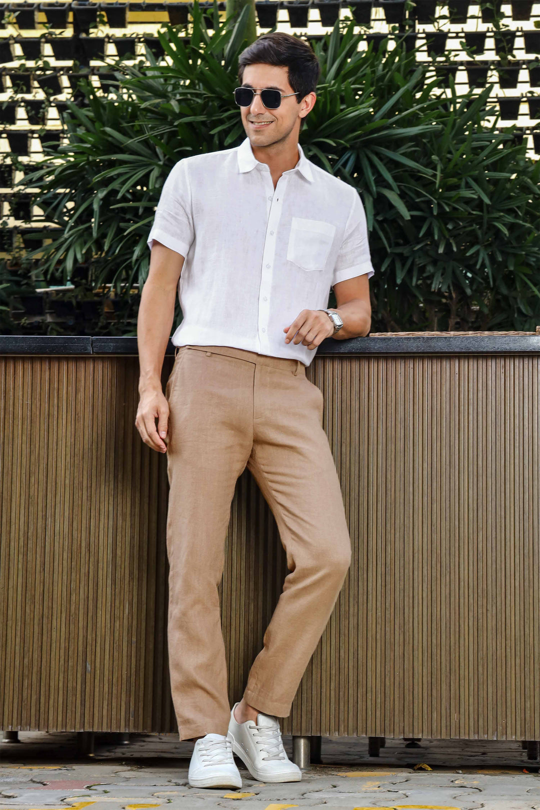 Brandon Double Button Broad Pure Linen Trousers - Light Hazelnut Brown