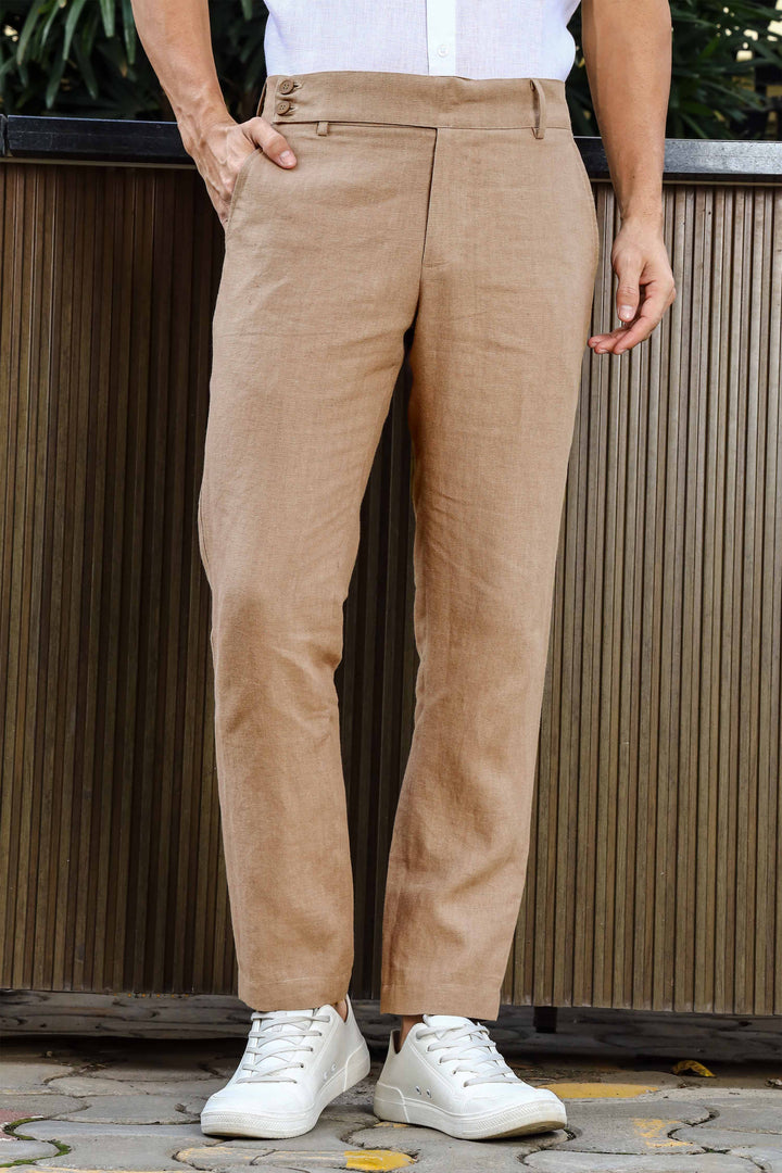 Brandon Double Button Broad Pure Linen Trousers - Light Hazelnut Brown