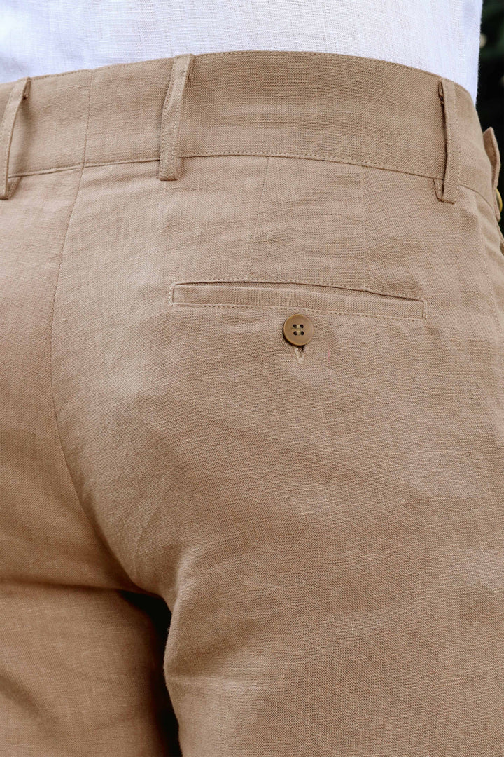 Brandon Double Button Broad Pure Linen Trousers - Light Hazelnut Brown
