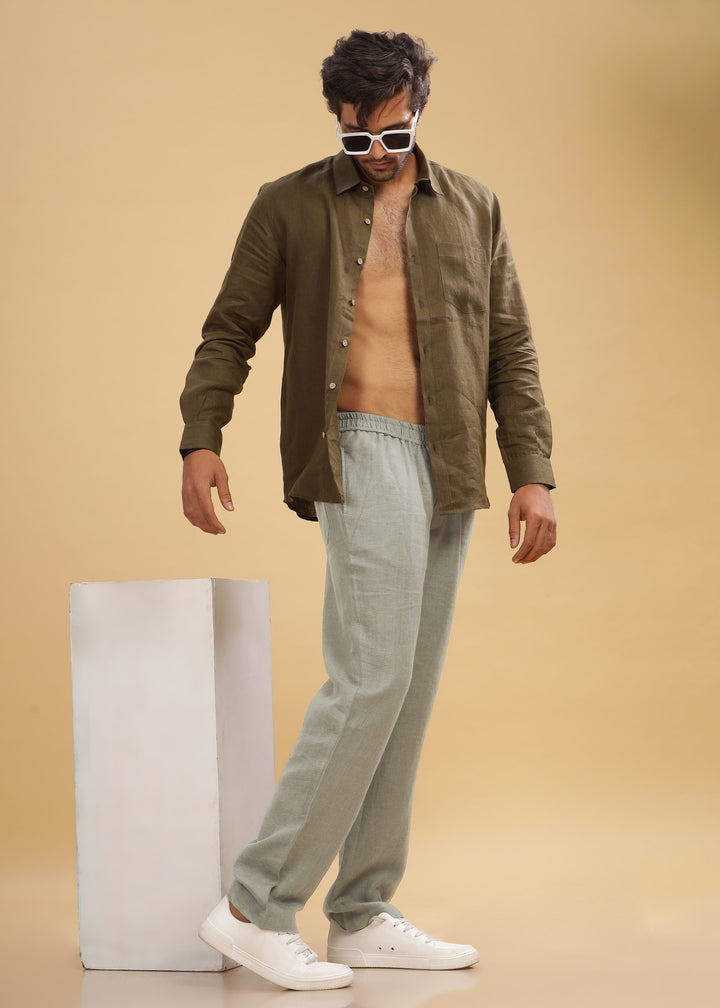 Breeze - Linen Casual Elastic Pants - Artichoke Green