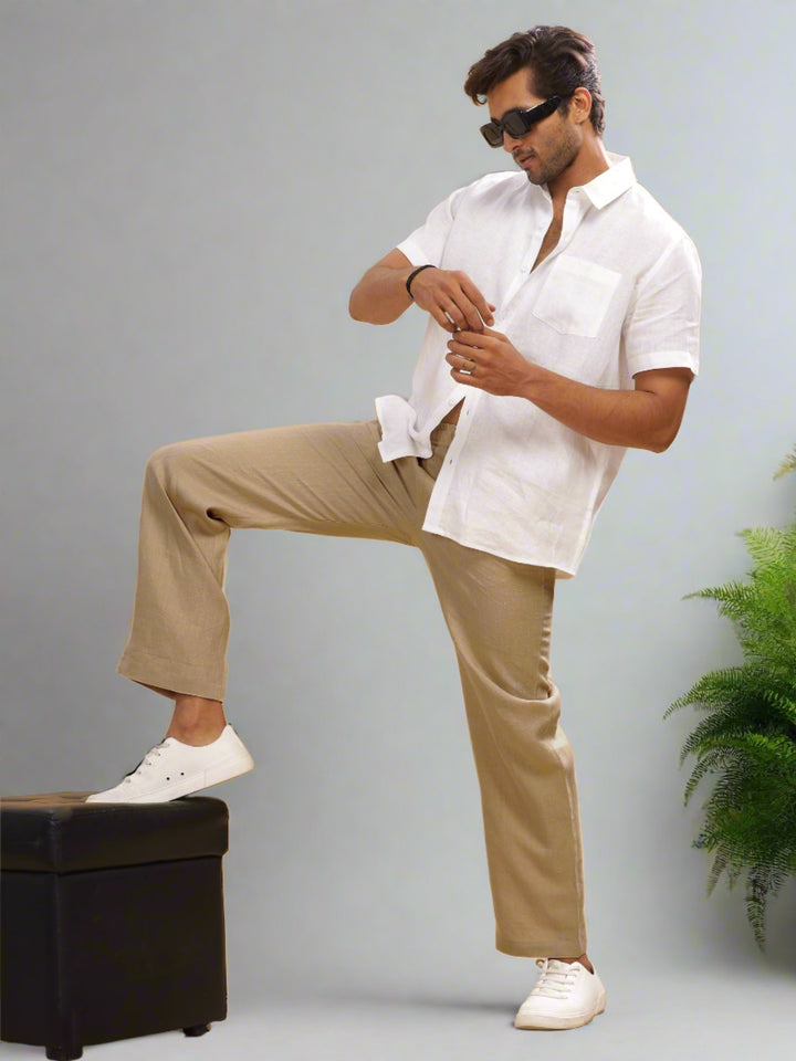 Breeze- Linen Casual Elastic Pants - Cappuccino Beige